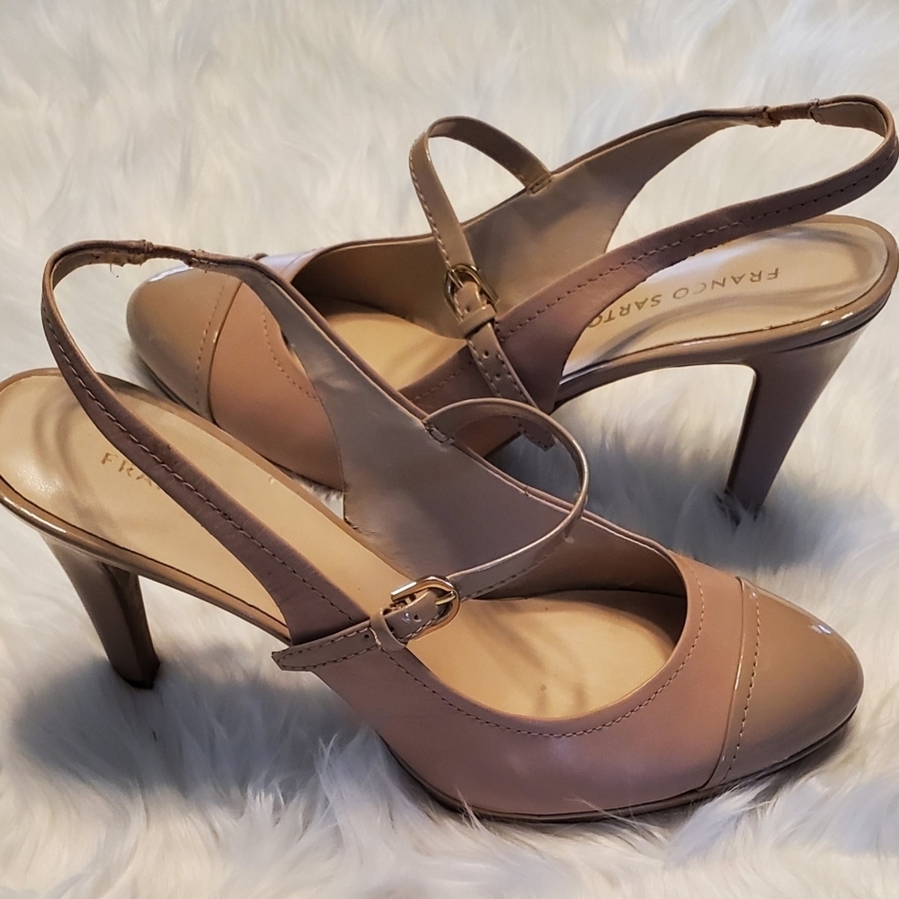 Franco Sarto Dazzle Leather And Patent Tan Slingback Maryjane Heels Size 10